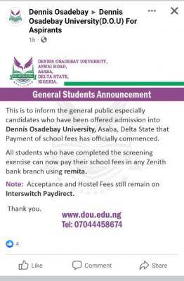 Dennis Osadebay University notice to new students on school fees payment
