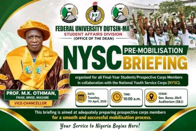 FUDSTIN-MA schedules NYSC pre-mobilization briefing exercise for Final Year students, 2025/26