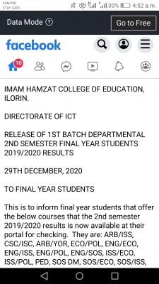 Imam Hamzat COE releases 1st Batch of 2nd semester results pf Final Year students, 2019/2020