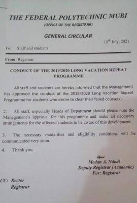 Fed Poly, Mubi conduct of the 2019/2020 long vacation repeat programme