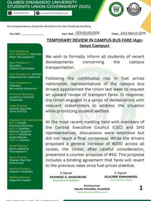OOU SUG announces temporary transport fare increase at Ago-Iwoye Campus