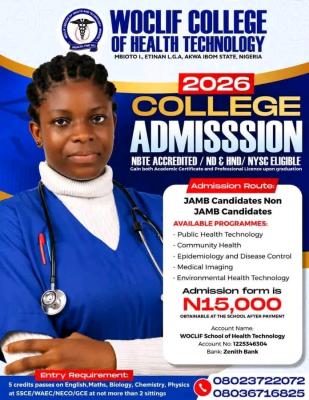 Woclif College of Health Technology, Akwa Ibom release Admission form, 2026/2027
