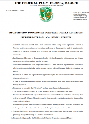 Fed Poly, Bauchi Registration procedures for 2020/2021 newly admitted ...