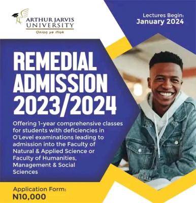 Arthur Javis University Remedial admission form, 2023/2024