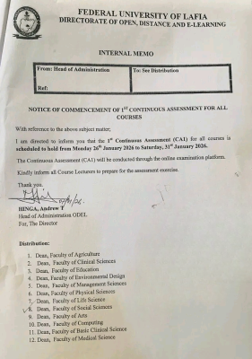 FULafia Directorate of Open, Distance and E-Learning (ODEL), notice on commencement of CA