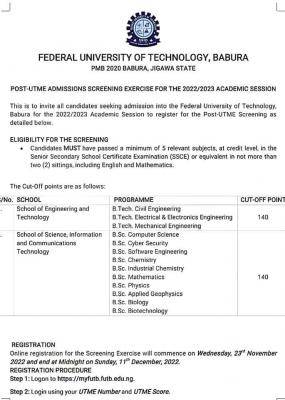 Federal University of Technology, Babura Post-UTME registration, 2022/2023