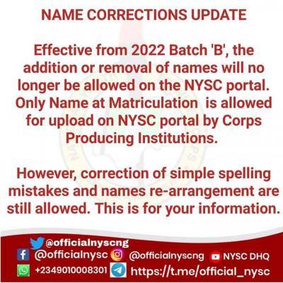 NYSC notice on correction of names