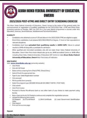 Alvan Ikoku Fed. University of Education Post-UTME/DE 2025: Cut-off mark, Eligibility & Registration Details