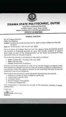 Jigawa State Scholarship Board screening for female students of Jigawa origin