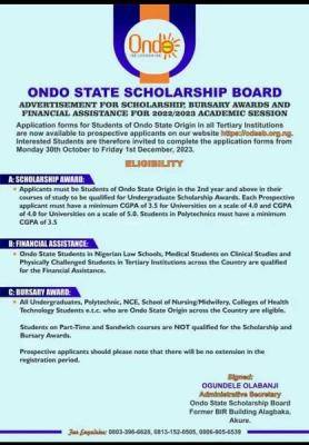 Scholarship Applications Open for Ondo State Origin Students