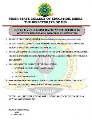 Niger State COE notice on spill over Registration for 2nd semester 2020/2021