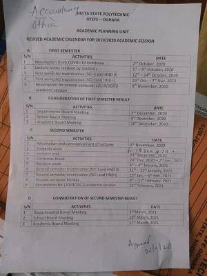 Delta Poly Otefe-Oghara resumption and revised academic calendar for completion of 2019/2020 session