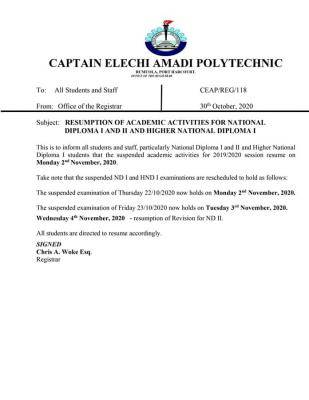 Captain Elechi Amadi Polytechnic Resumption Notice