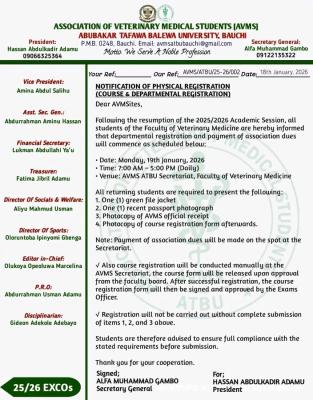 ATBU Department of Verterinary Medicine notice on Physical registration