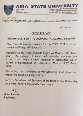 ABSU announces resumption of academic activities for 2020/2021 session