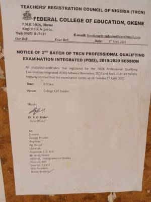 FCE, Okene notice on 2nd batch of TRCN examination