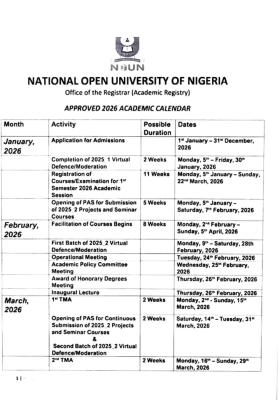 NOUN releases approved academic calendar for 2026