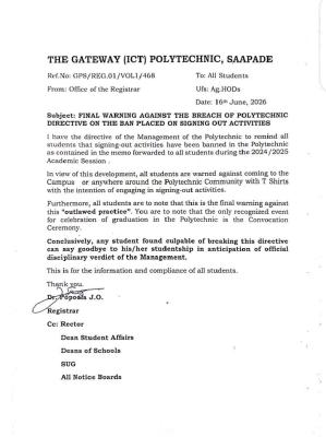 Gateway ICT Polytechnic Saapade reiterates ban on sign out activities on campus