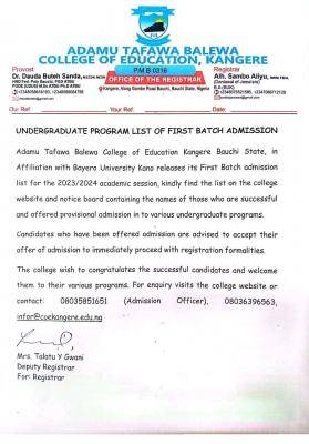 Adamu Tafawa Balewa COE 1st batch degree admission lists, 2023/2024