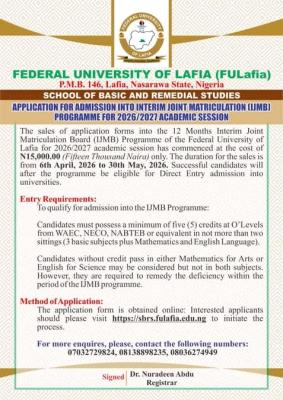 FULafia opens IJMB admissions for 2026/2027 Session