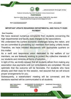 FUOYE SUG important update regarding departmental and Faculty dues payment