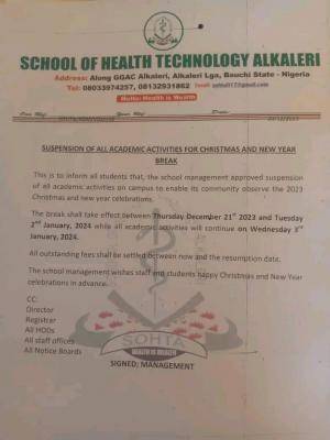School of Health Tech, Alkaleri suspension of academic activities for Christmas & New Year break