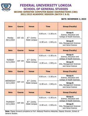 FULOKOJA second semester CBE examination timetable (Batch B & C), 2022/2023 session