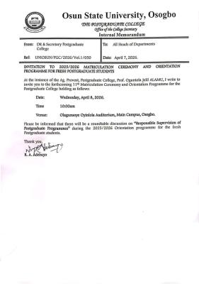 UNIOSUN announces 11th Postgraduate matriculation and orientation ceremony