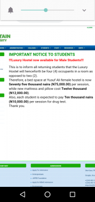 Fountain University notice to returning students on hostel accommodation