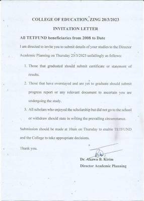 College of Education, Zing notice to all TETFUND beneficiaries from 2008 till date