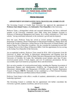 GOMSU appoints Prof. Sani Ahmed Yauta as Substantive Vice-Chancellor