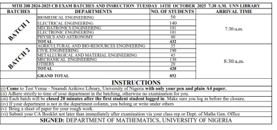 UNN MTH 208 exam batching and instructions, 2024/2025