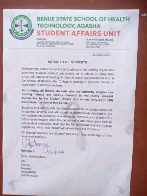 Benue State College of Health Tech. Agasha issues important notice to all students