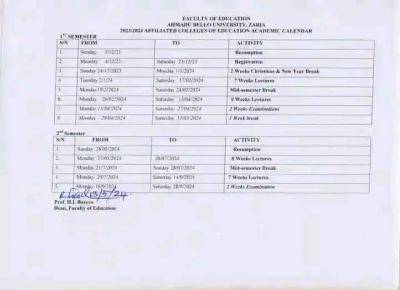 ABU affiliated colleges of Education second semester academic calendar 2023/2024