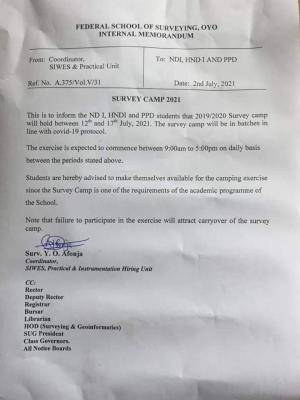 FSS OYO notice to NDI, HNDI and PPD students on survey camp