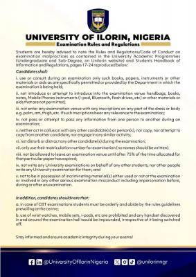 UNILORIN notice on codes and conducts ahead of rain semester exams