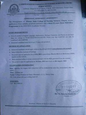 Ebonyi College of Nursing releases Basic Midwifery admission form, 2023/2024