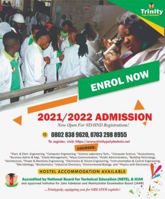 Trinity Polytechnic ND/HND Admission, 2021/2022