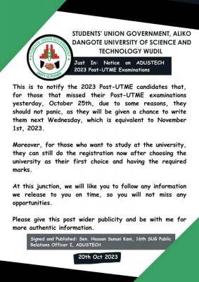 Aliko Dangote University of Science & Tech. SUG notice to candidates who missed Post UTME