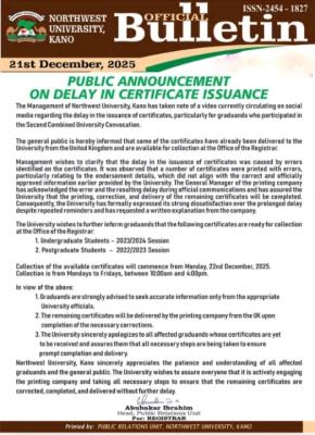 Northwest University, Kano update on delay in Certificate Issuance