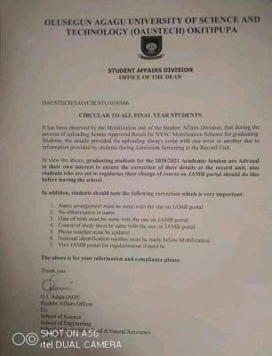 OAUSTECH notice to all final year students