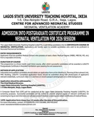 LASUTH  Postgraduate Certificate Programme admission in Neonatal Ventilation (2026 Session)