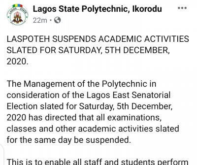 LASPOTECH suspends academic activities for December 5