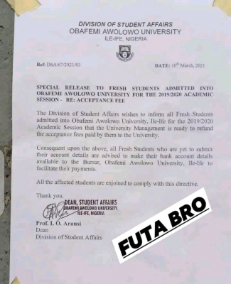 OAU notice to 2019/2020 admitted students on acceptance fee