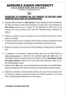 AAUA guidelines for the conduct of ENT/GST 1st semester CBT exam, 2019/2020