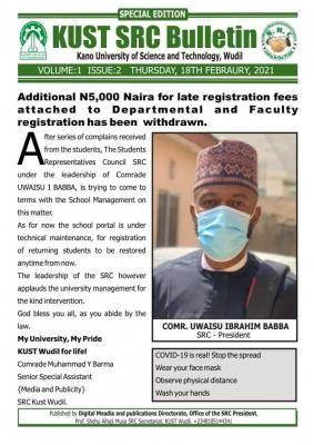 KUST withdraws late registration fee for departmental and faculty registrations