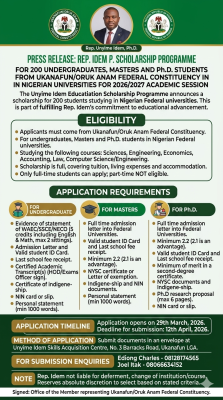 Unyime Idem Education Scholarship for Ukanafun/Oruk Anam, Akwa Ibom State, 2026/2027