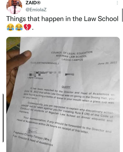 Law student issued a query for drinking water from a bottle instead of a glass cup
