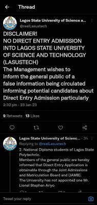 LASUSTECH disclaimer notice on Direct Entry admission