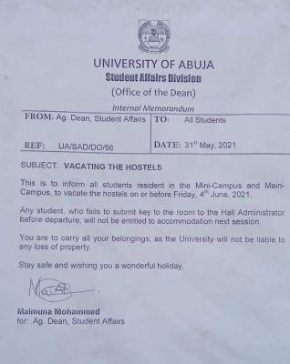 UNIABUJA asks students to vacate hostel